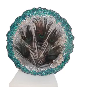 Peacock Platter Decorative Serving Tray Platter Blue Silver Green with Peacock Feathers Sparkling Glitter Design