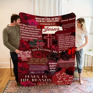 1pc Comfortable Black and Red Rose Christian Faith Theme Flannel Blanket with Pattern Print, Fashionable, Soft, Warm