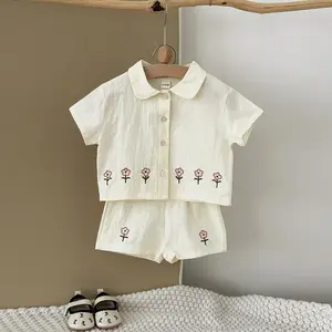 2 Pcs Set Baby Clothing Pure Cotton Exquisite Flower Embroidered Polo Short Sleeves + Breathable Loose Shorts Beige Baby Sweet Suit Newborn Gift Set Casual Summer Gift Set Outfit Essentials Set