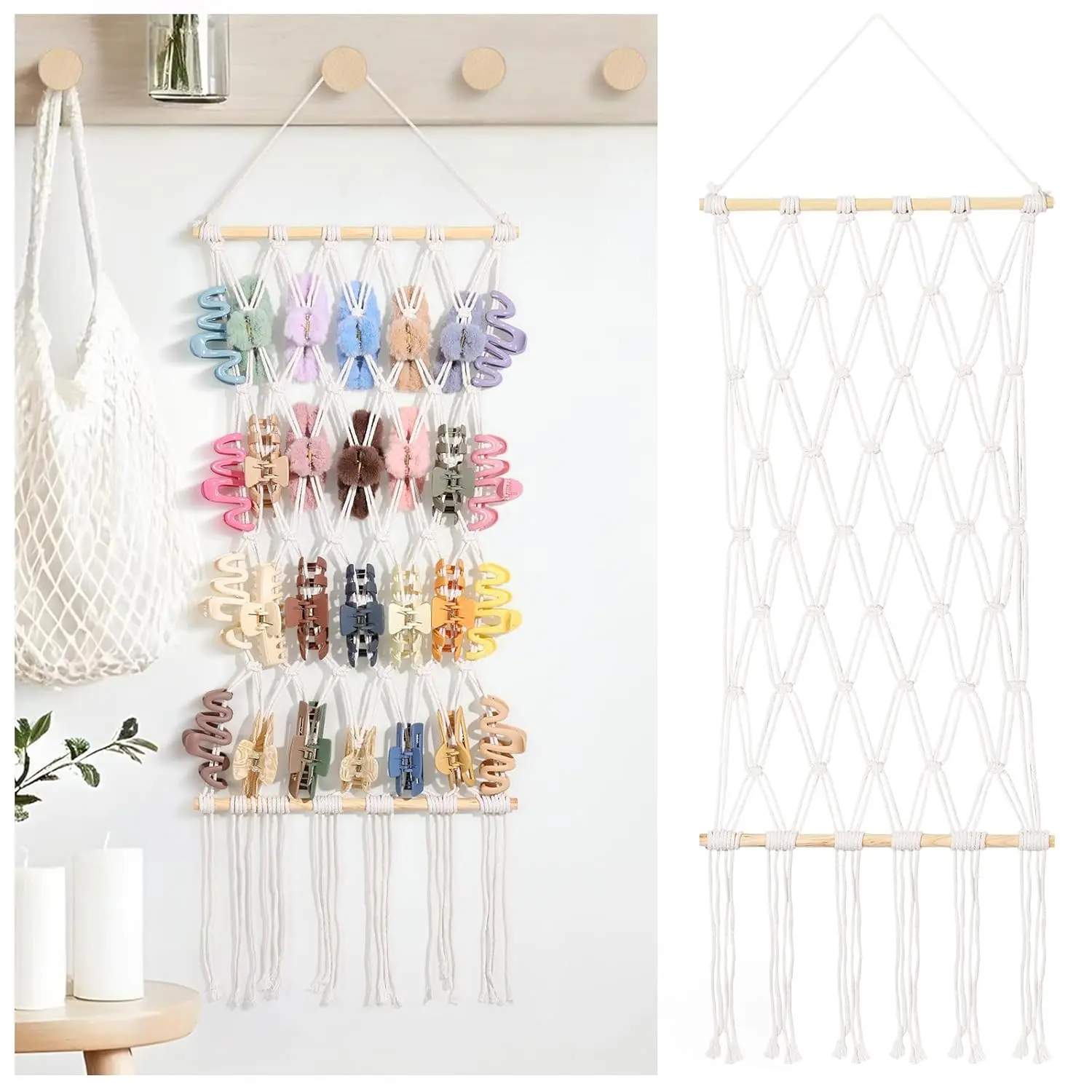 Macrame Claw Clip Organizer,  Hair Clip Holder for Women Girls, 4-Tier -Shaped Grid Claw Clip Hanger,  for Wall,Door,Closet. (white)
