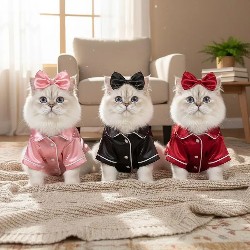 Cute Pet Pajama Set with Bow Headband Cozy Silk Pajamas for Teddy Bichon Pomeranian & Bulldog Soft Puppy Cat Sleepwear for Comfortable Nights Pink