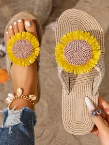 Women's Sunflower Floral Boho Sandals, Comfortable Eva Sole, Eco-Friendly Straw Weave, Non-Slip, Perfect for Holiday & Beach