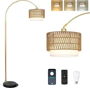 Hardware Arc Floor Lamp for bedroom with Rattan & Linen Shades, Gold Floor Lamp with Remote & Dimming Bulb, Rustic Standing Lamp with 3 Color Temperatures, Adjustable Height Farmhouse Tall Lamp for Living Room