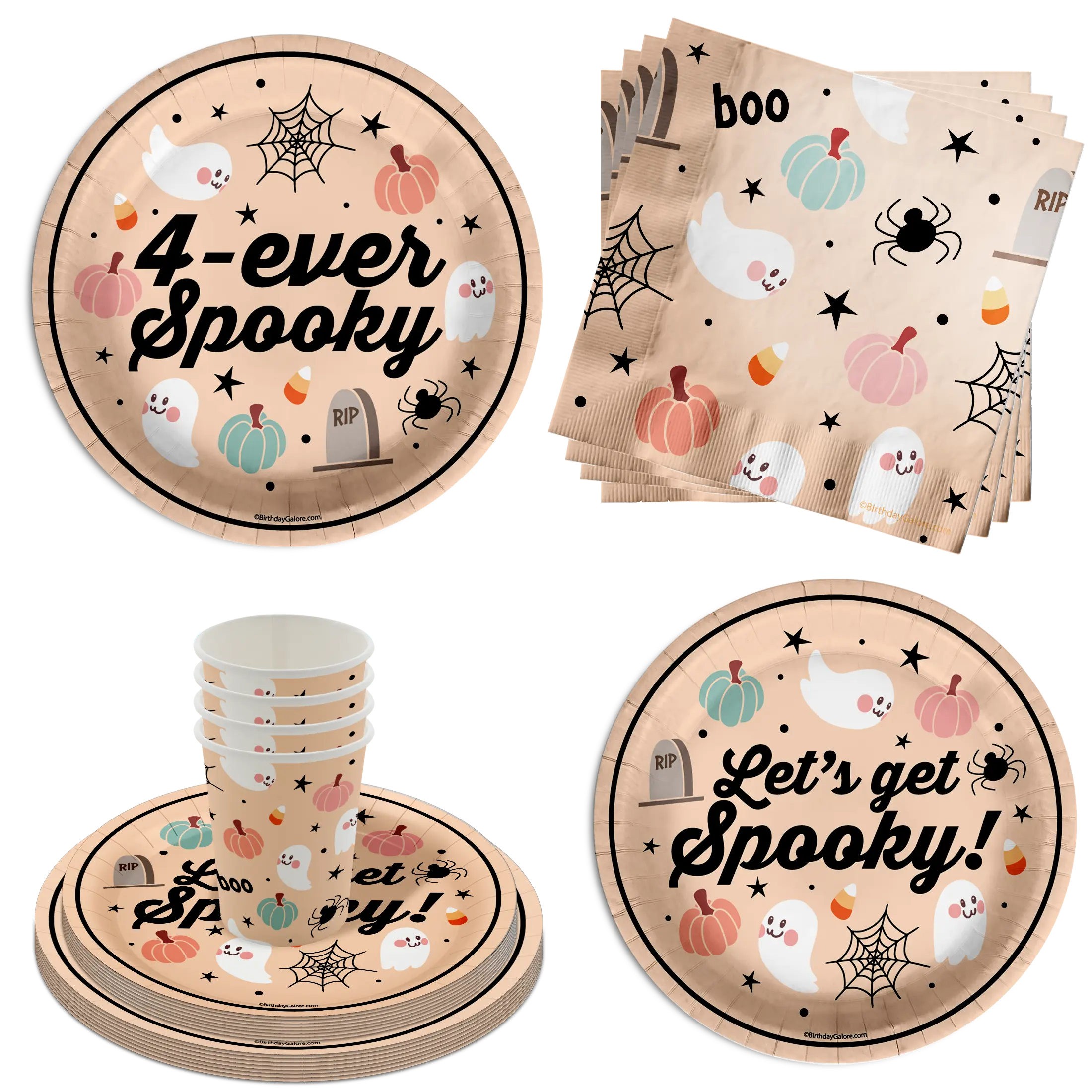 Four Ever Spooky 4th Birthday Party Supplies 64 Piece Tableware Set Includes Large 9" Paper Plates Dessert Plates, Cups and Napkins Kit for 16