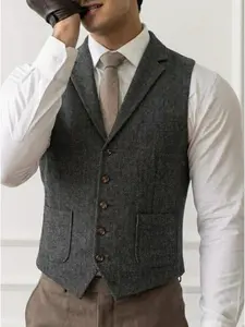 Men's Herringbone Tweed Suit Vest Casual Wool Blend Waistcoat