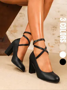 Black Ladies Mary-Jane Chunky Heel Pumps, Material With Sole, Sweet Ankle Lace, Wedding And Party Shoes