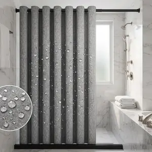 nnakoo Linen Gray Single Light Shower Curtain with Black Adjustable Metal Telescopic Rod, No-Drill Installation, Waterproof, Mildew-Resistant, Thick Cotton Stripe Fabric for Wet-Dry Separation, Linen Gray Single Curtain + Black Rod
