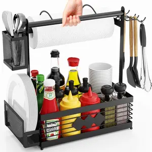 [Bellemave] BBQ Grill Caddy Organizer with Paper Towel Holder, Detachable Plate & Utensil Holder, 4-in-1 Outdoor Grilling Storage