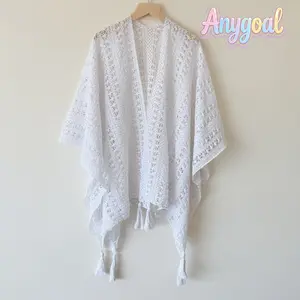 Anygoal Solid Colo Women’s Crochet Lace Tassel Trim Shawl, Fashion Accessories Open Front Boho Cape Cover Up, Lightweight Sheer Kimono, Solid Color Versatile Wrap for Beach Vacation, Poolside, Casual Daily Wear and Summer Outings summervibes