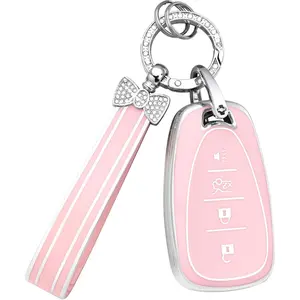 Key Fob Cover for Chevy 4 Buttons Pink Car Keys Shell Case Bling Keychain Protector Accessories for Equinox Malibu Trax Cruze LT Blazer Camaro Spark Traverse Trailblazer Girly Women Cutecar essentials,car decor for girls