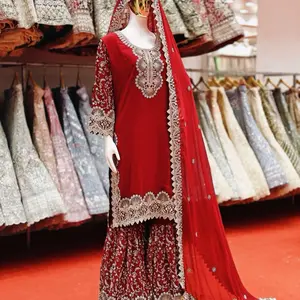 Indian Designer Party Wear size 44 Georgette fabric, full stitch outfit, top and Russian plazo with heavy Dupatta suit, zarkan diamond and embroidery Work  Ready to Wear Salwar Kameez Heavy Designer Outfit with Long Sleeve