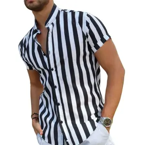 INCERUN Men's Casual Stand-Collar Striped Short Sleeve Shirt
