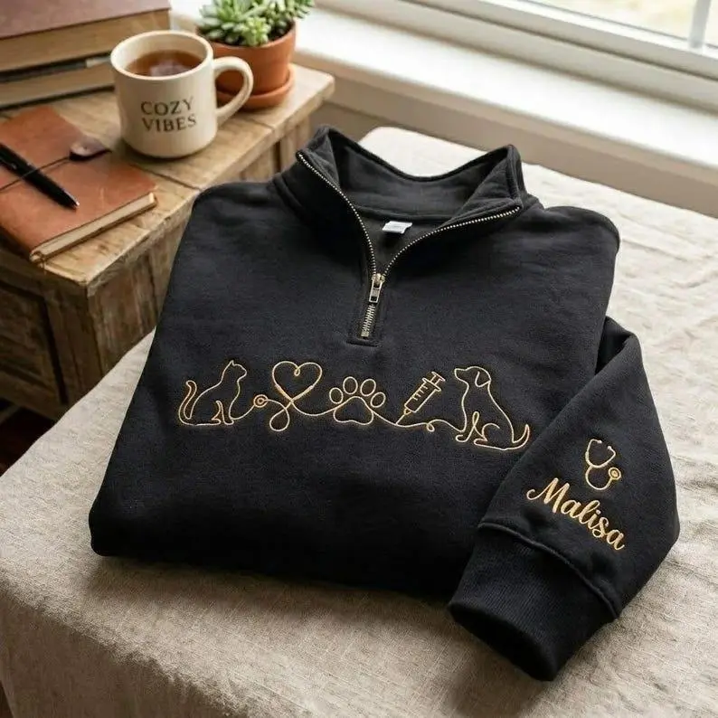 [MADE IN US] Custom Pet Lover Quarter Zip Sweatshirt | Personalized Vet Tech Pullover | Cat Dog Paw Print Embroidery | Veterinary Gift