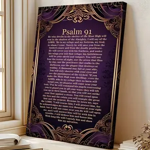 1pc Wooden Framed Religious 2D Flat Canvas Wall Art, Psalm 91 Golden Purple Bible Verse High-Quality Print, Elegant Decor for Living Room, Bedroom