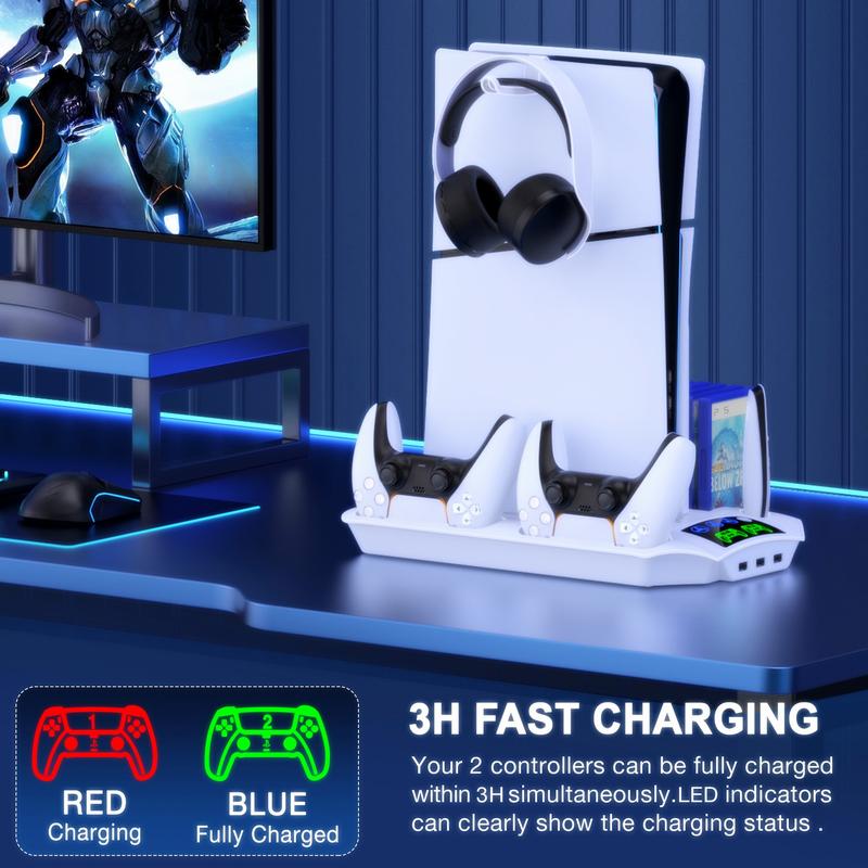 PS5 Stand for PS5 Slim Disc Digital, PS5 Cooling Station and Controller Charging Station for Playstation 5 Accessories with 3 Levels Cooling Fan, 3 USB Hub, Headset Holder, 13 Game Slots, Media Slot