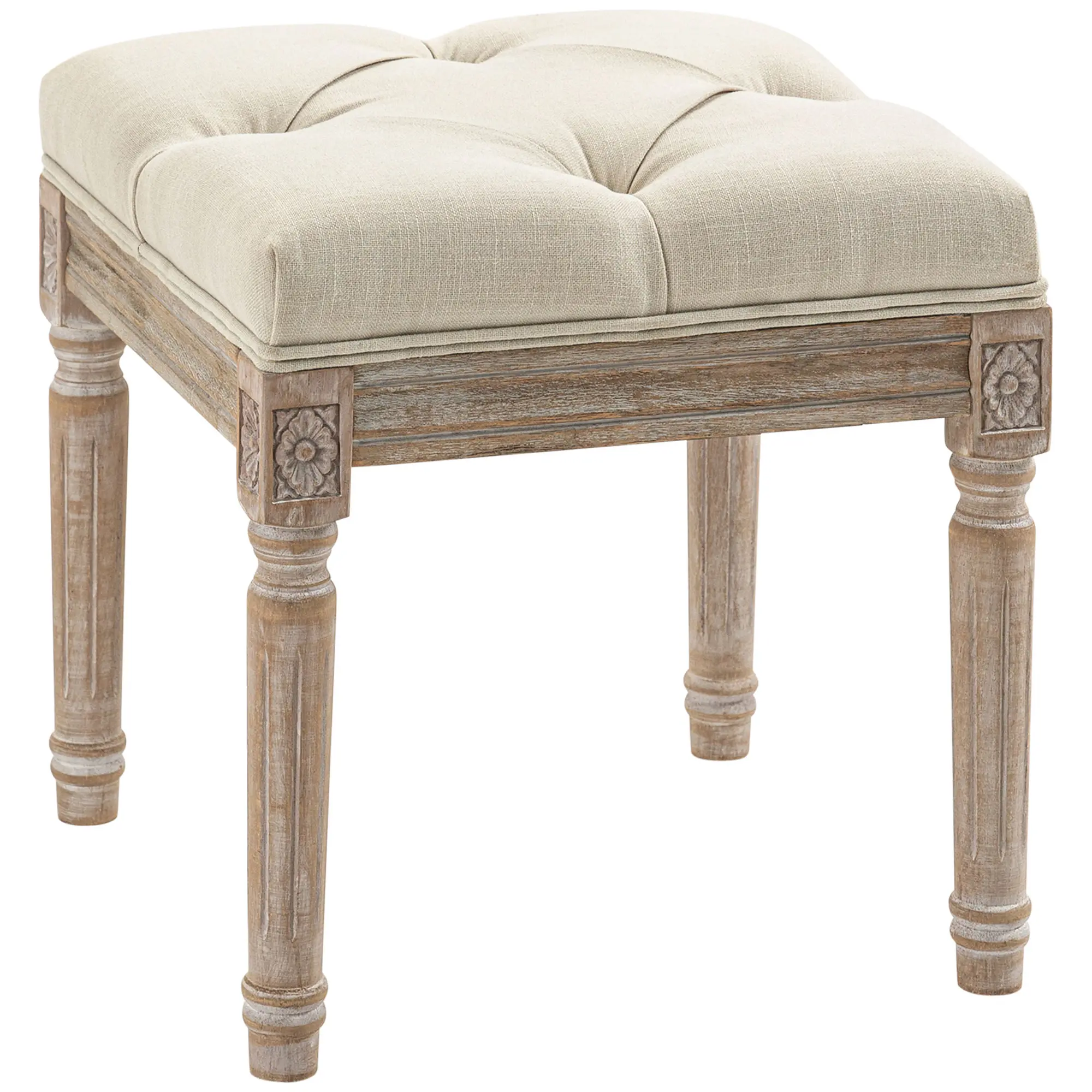 HOMCOM 16" Vintage Ottoman, Tufted Foot Stool with Upholstered Seat, Rustic Wood Legs for Bedroom, Living Room, Gray