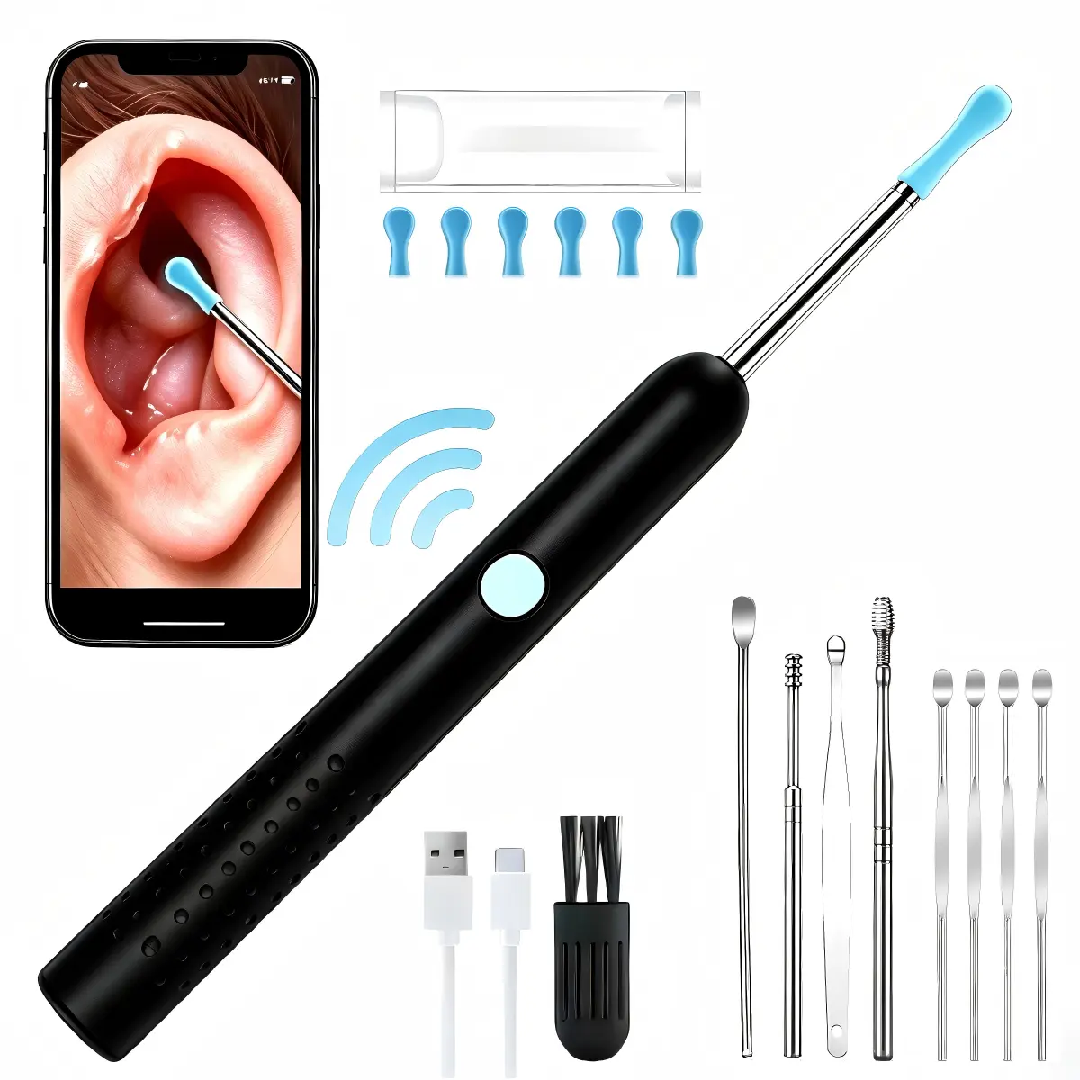 Professional Wireless Bluetooth WiFi Visual Ear Wax Remover with Camera, Wide-Angle Viewing Spoon, 6 Silicone Replacement Spoons, USB Cable, Unisex Home-Use Ear Wax Removals Tool
