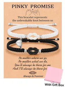 2pcs Valentines Couples Matching Bracelets - Black & White Braided Cord, Silvery Heart Charm with Gift Box Design Bracelets for Couples, Best Friends & Close Companions