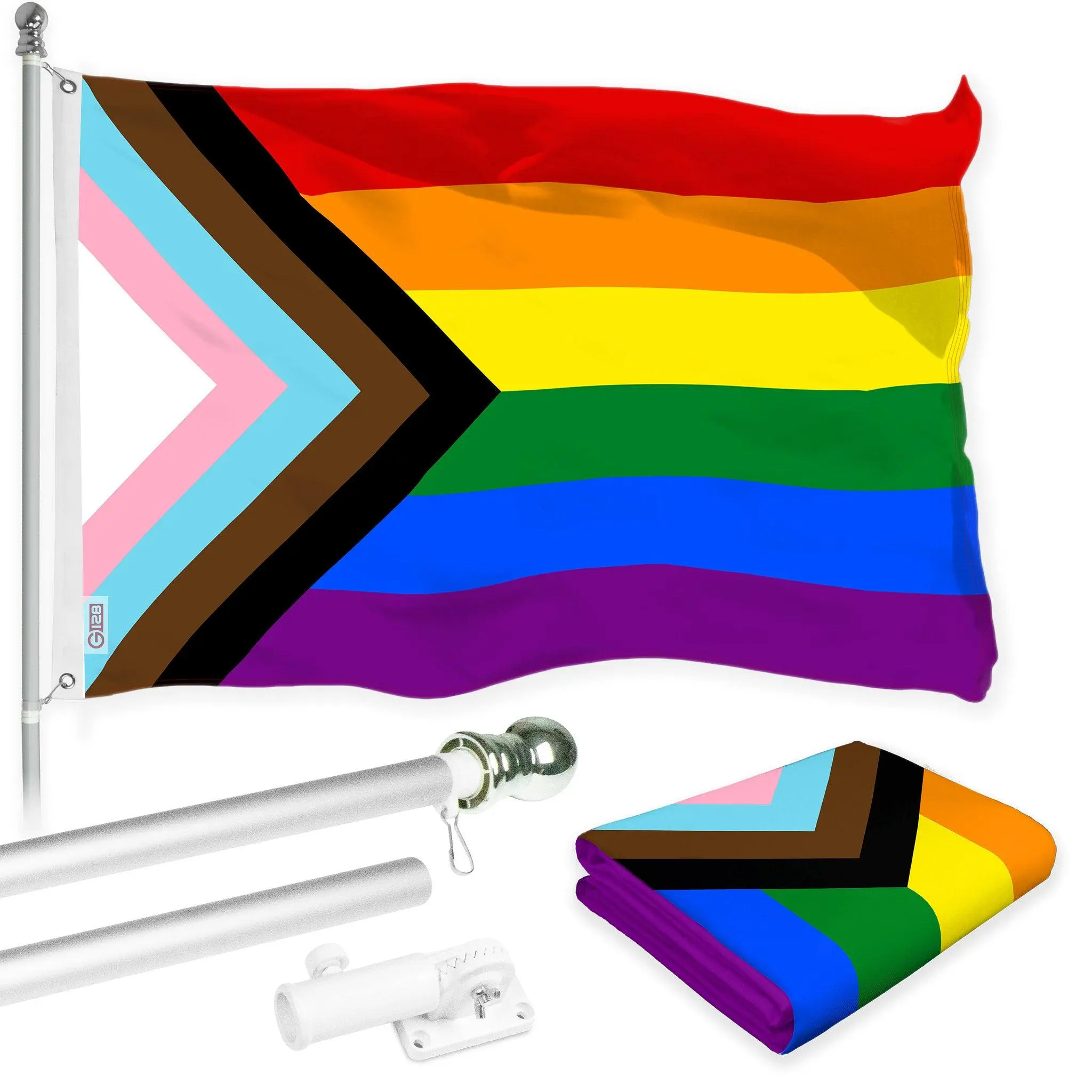 G128 Combo Pack: 6 Ft Tangle Free Aluminum Spinning Flagpole (Silver) & LGBT Progress Rainbow Pride Flag 3x5 Ft, LiteWeave Pro Series Printed 150D Polyester | Pole with Flag Included