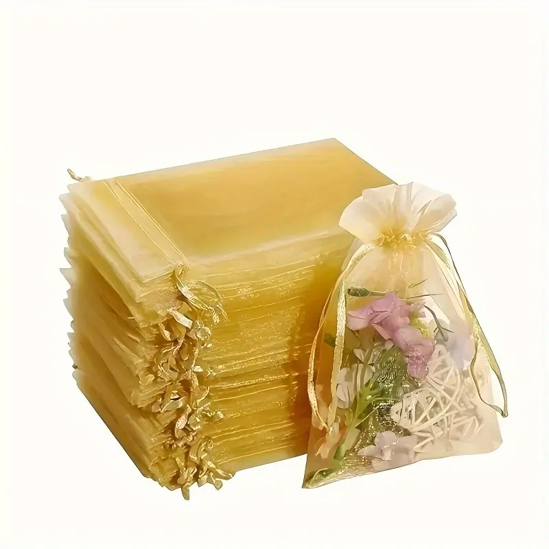 20pcs Lemon Yellow Organza Bags with Drawstring, Polyurethane Sheer Pouches, Gift Packaging for Wedding, Birthday, Housewarming Gifts with Twine