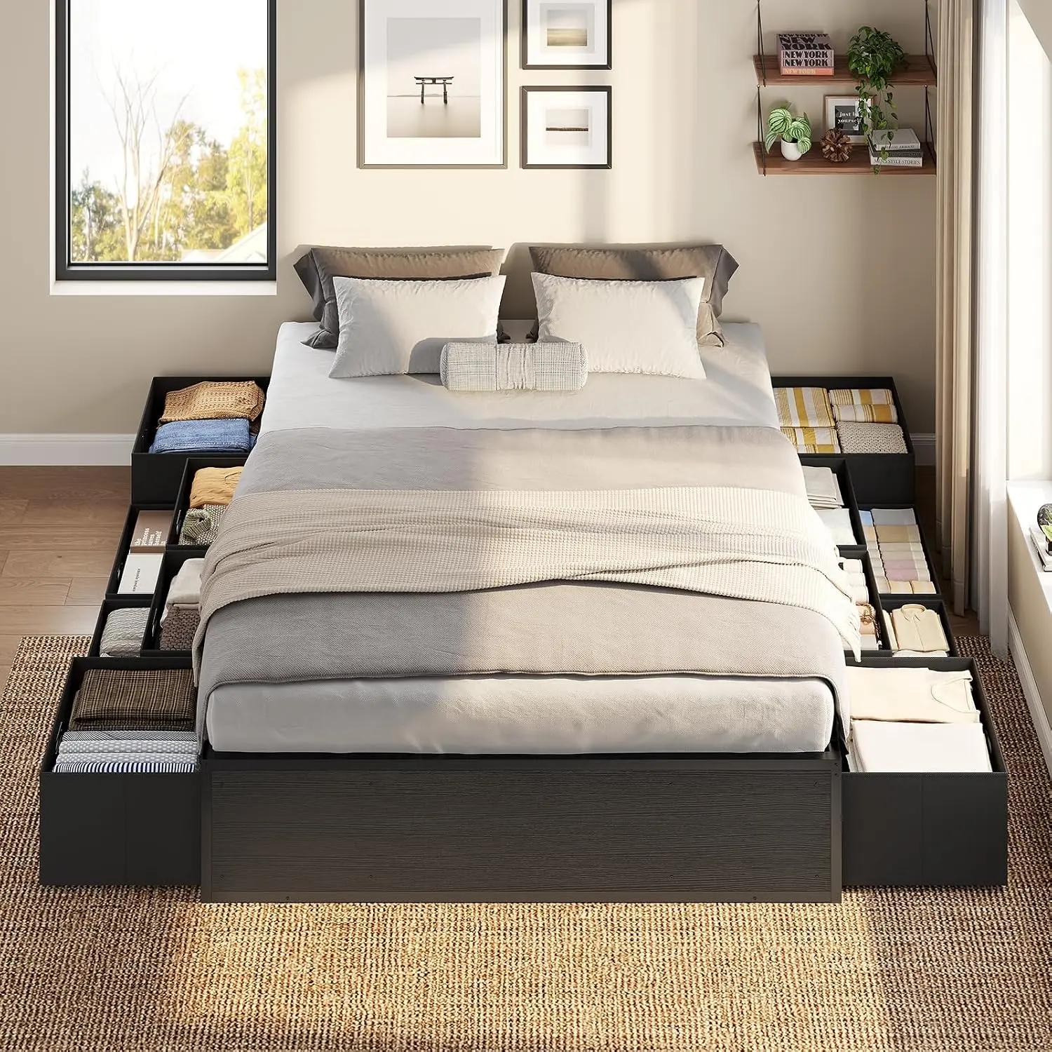 ADORNEVE Full Size Bed Frame with 12 Storage Drawers, Metal Platform Bed | Black Bed Frame with Steel Slat Support and Footboard for Boys/Teen/Adult, No Box Spring Needed, Easy Assembly, Noise-Free