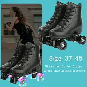 PU Leather Roller Skates Skating Shoes Sliding Inline Quad Skates Sneakers Training Europe Size 4 Wheels Flash Roller Skate Fashionable Design Beginner Friendly