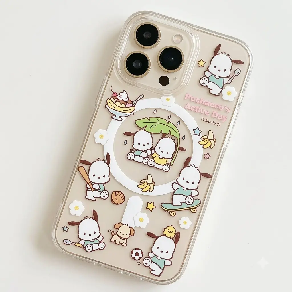 Pochacco Active Day Sports Clear Case for iPhone 11-17 Pro Max Galaxy S21-S26 Ultra, Cute Kawaii Dog Transparent Magnetic Protective Phone Cover