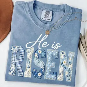 Comfort Colors PRINTED He is Risen Blue Toile Patchwork Easter T-shirt, Chinoiserie Shabby Chic, Cottagecore Jesus Varsity Faith, Blue White Quilt - TrendWear USA