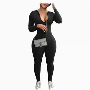 Slim Fit women bodysuit solid color long sleeve zipper bodycon sporty clothing rompers women's jumpsuit Slim-fitting