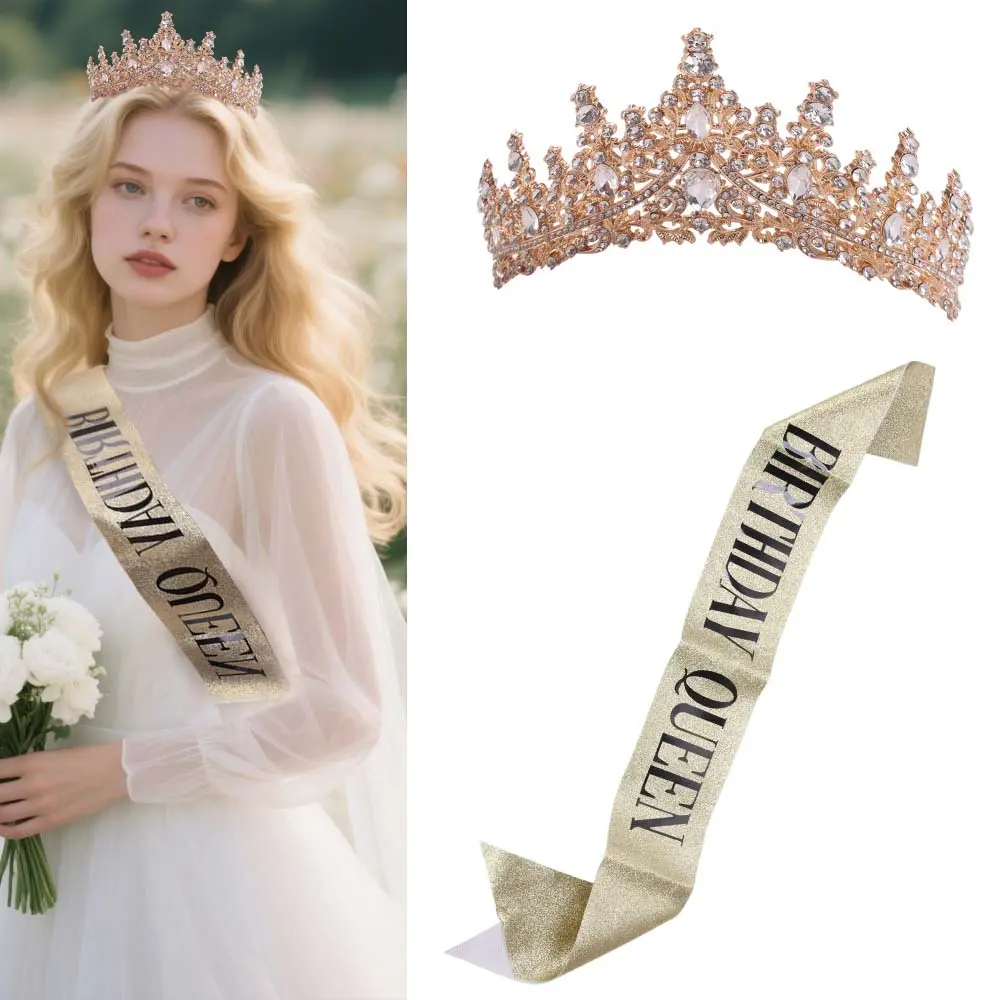 Gold Glitter Birthday Crown and Sash Set - Queen Rhinestone Tiara Headband, Comfortable and Safe Bridal Hair Accessory, Perfect Gift for Adults and Lovers (Birthday Photo Prop)