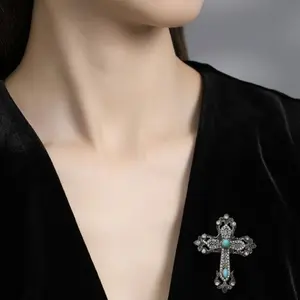 Vintage Rhinestone Cross Brooch, European Men's Court Style Suit Jacket Pin Accessory, Elegant Fashion Jewelry for Men