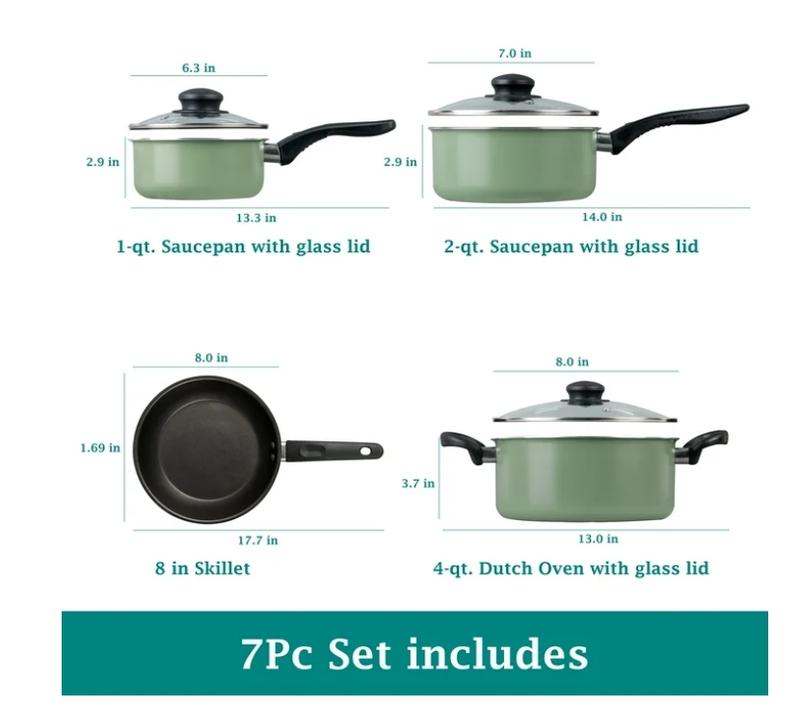 7 Piece Nonstick Aluminum Pots and Pans Cookware Set, Green