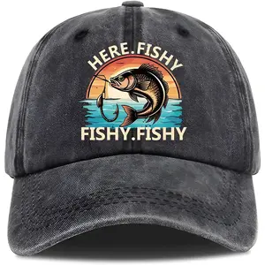 Here Fishy Fishy, Funny Baseball Cap, Fishing Baseball Cap, Gifts for Fishing Lover, Funny Vintage Cotton Washed Baseball Caps, baseball cap, wash cap, gift for men and women
