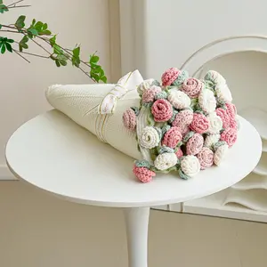 Crochet Flower Bouquet Throw Blanket, Handmade Knitted Blanket with Rose, Cute Romantic Gift for Her Girlfriend Mom Mother’s Day Valentine Wedding Anniversary Birthday, Pink and White