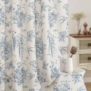 Blue Farmhouse Shower Set, Cotton Floral Swallow Cottagecore Shower Curtains for, French Burrerfly Flower Décor, 72" W x 72" L