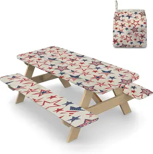 Picnic Table Cover with Bench Covers - Patriotic Camping Tablecloth, Patriotic American Flag Tablecloth for 4th of July, Outdoor Picnic Table Cloth Cover Elastic, Fitted Rectangle Tables & Seats, 72in