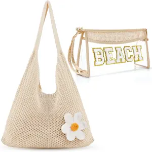 2 Pack Mesh Beach Tote Bag with Letter Patch Summer Beach Tote Bohemian Straw Transparent Bag