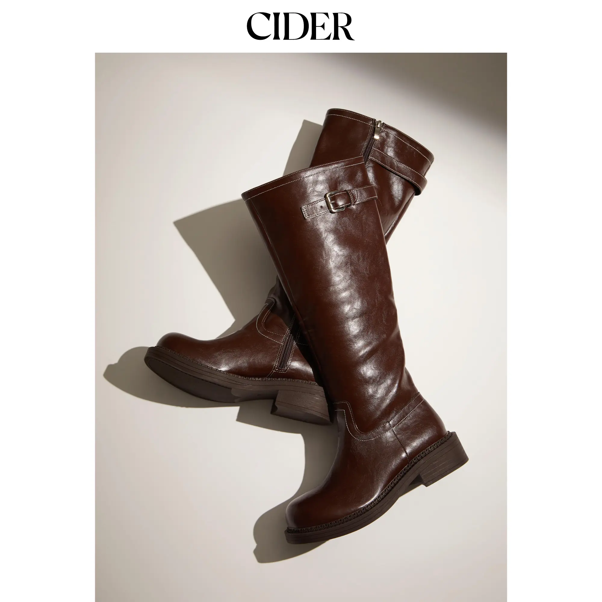 Cider Women's Fashion Knee High Boots, Solid Black Round Toe with a Chunky Block Heel and Side Buckle Accent, Chunky Heeled