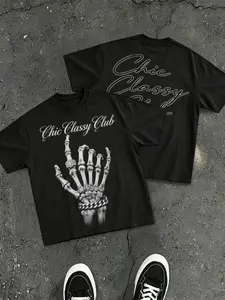 High Street Punk Skull Print Short Sleeve Men's T-Shirt, American Streetwear Loose Fit, Casual Long Sleeve Top