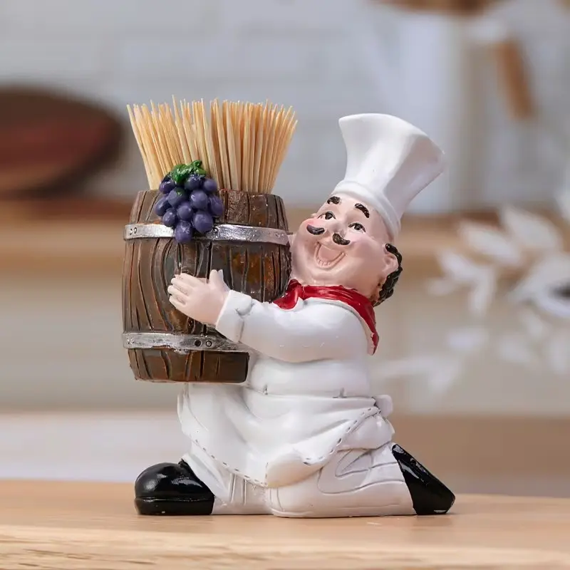 Charming Chef Theme Toothpick Holder, Kitchen Organizer with Wooden Bucket, Resin Material, No Power Needed, Perfect for Home and Party Decor