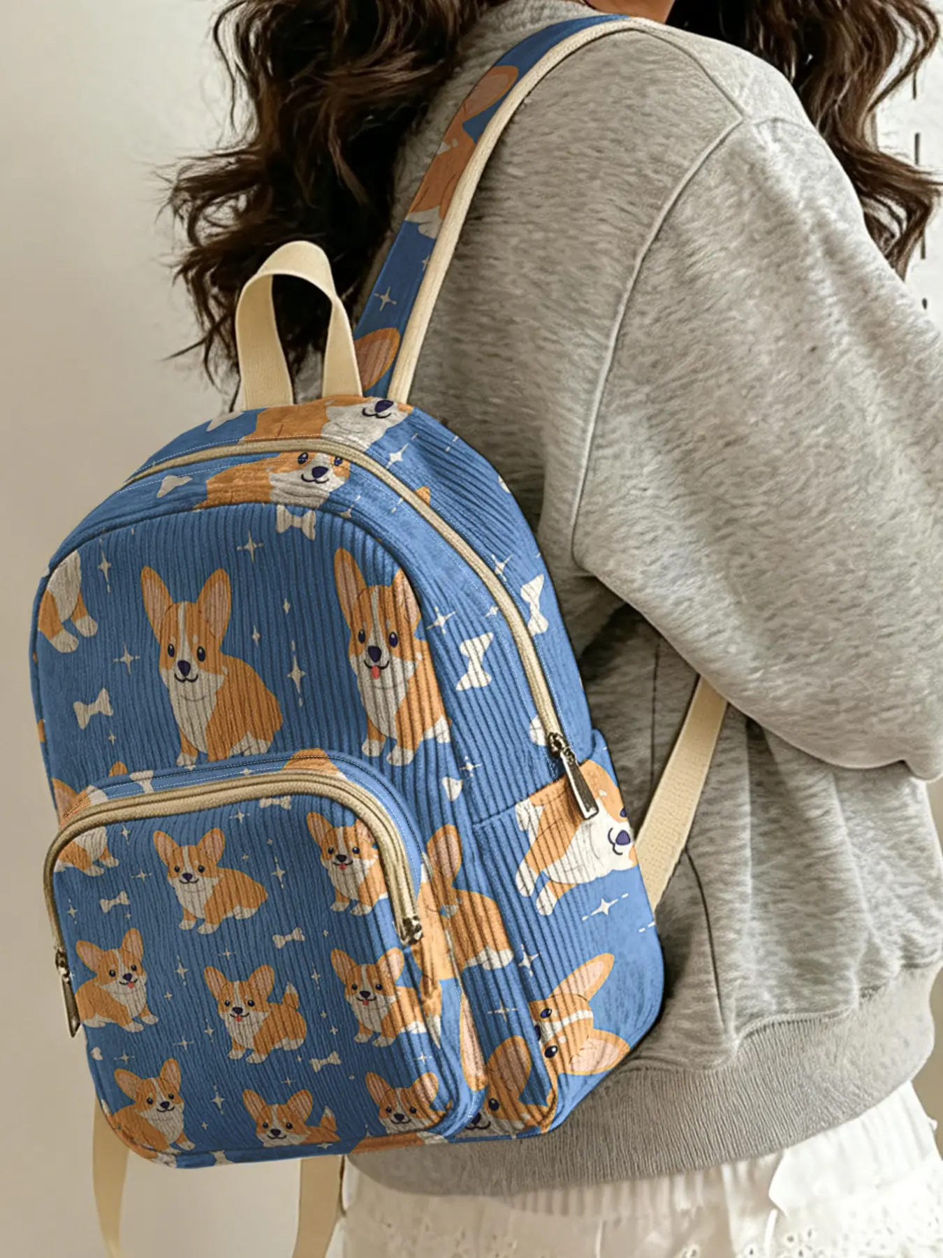 1 piece of lady's backpack with 2D printing of corgi pattern, corduroy texture + layered storage + light and easy to carry | perfect for students to go to class/shopping/short trips | combines atmosphere with practicality