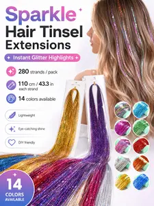 14pcs Glitter Colorful Clip On Hair Tinsel Kit,Synthetic Fiber Hair,20 Inch Clip In Hair Tinsel Extensions,Sparkle hair extensions,Clip-on Hair Pieces,clip in hair accessories,Cosplay Party Festival hair extensions