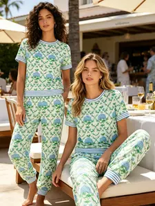 Women's 2-Piece Blue Hydrangea Floral Pajama Set - Short-Sleeve Top, Matching Jogger Pants, Soft Casual Elegance Summer Sleepwear & Loungewear, Mothers Day Gift,summervibes