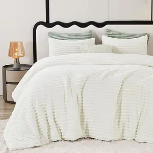 King Size Comforter Set - Soft Faux Fur Cream White Comforter King Size, Winter Warm Fleece Bedding Set, 3 Pieces Plush Fuzzy Bed Set (1 Shaggy Comforter, 2 Pillowcases)