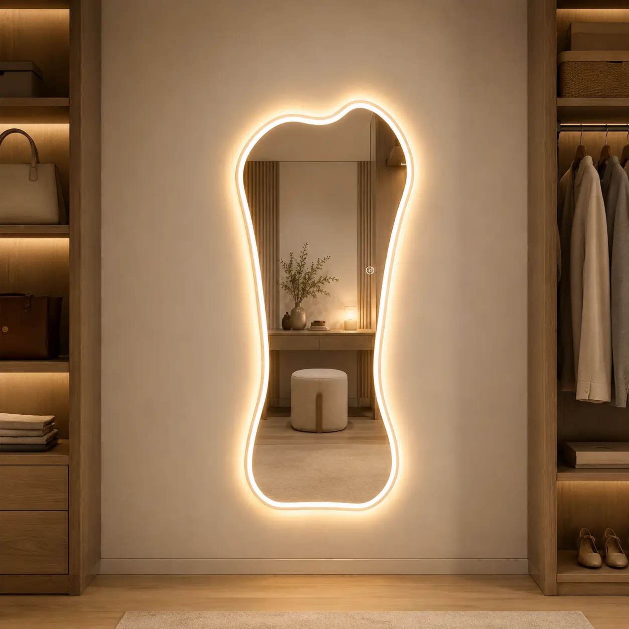 65*25in Irregular-Shaped Full Length Mirror, Tempered Glass, LED 3 Color Temps & Stepless Dimming, Touch Control, Eye-Protecting Lighting, Wall-Mounted, Clear Reflection, Polished Edges, Safe & Stylish for Bedroom, Living Room, Closet