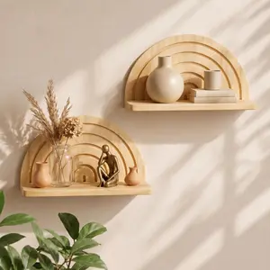 2 Pcs Boho Wooden Arched Wall Shelf Mid Century Modern Shelf Wooden Hanging Plant Wall Display Shelves Floating Half Round Rainbow Shelves for Bedroom Bathroom Hallway Balcony Bookstore Decoration