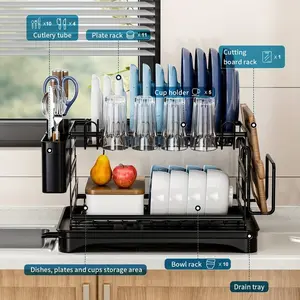 TiktokShopSpringGlowUp Bepatio Double-Layer Kitchen Countertop two tier Oversink Drain dish drainer Rack organizer , Metal Material, with Drain Board, Can Hold Tableware, Carbon Steel Material, Kitchen Storage Rack est ante de cocina