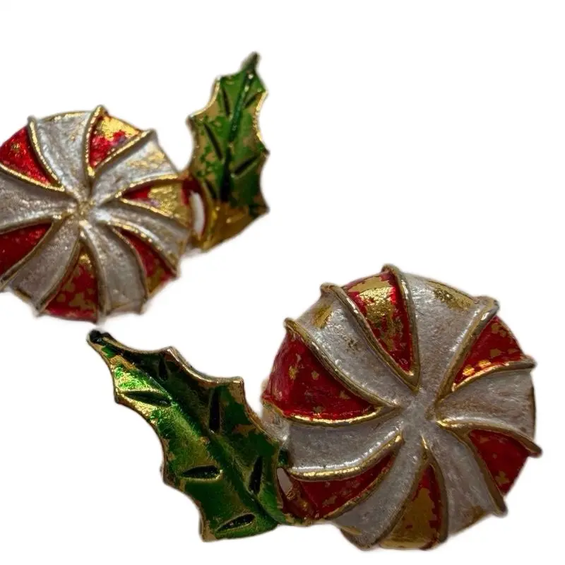 Vintage MMA Christmas Peppermint Enamel Clip-On Earrings with Holly Leaves & Peppermint Swirls in Red White Green Gold Enamel Festive Holiday Jewelry