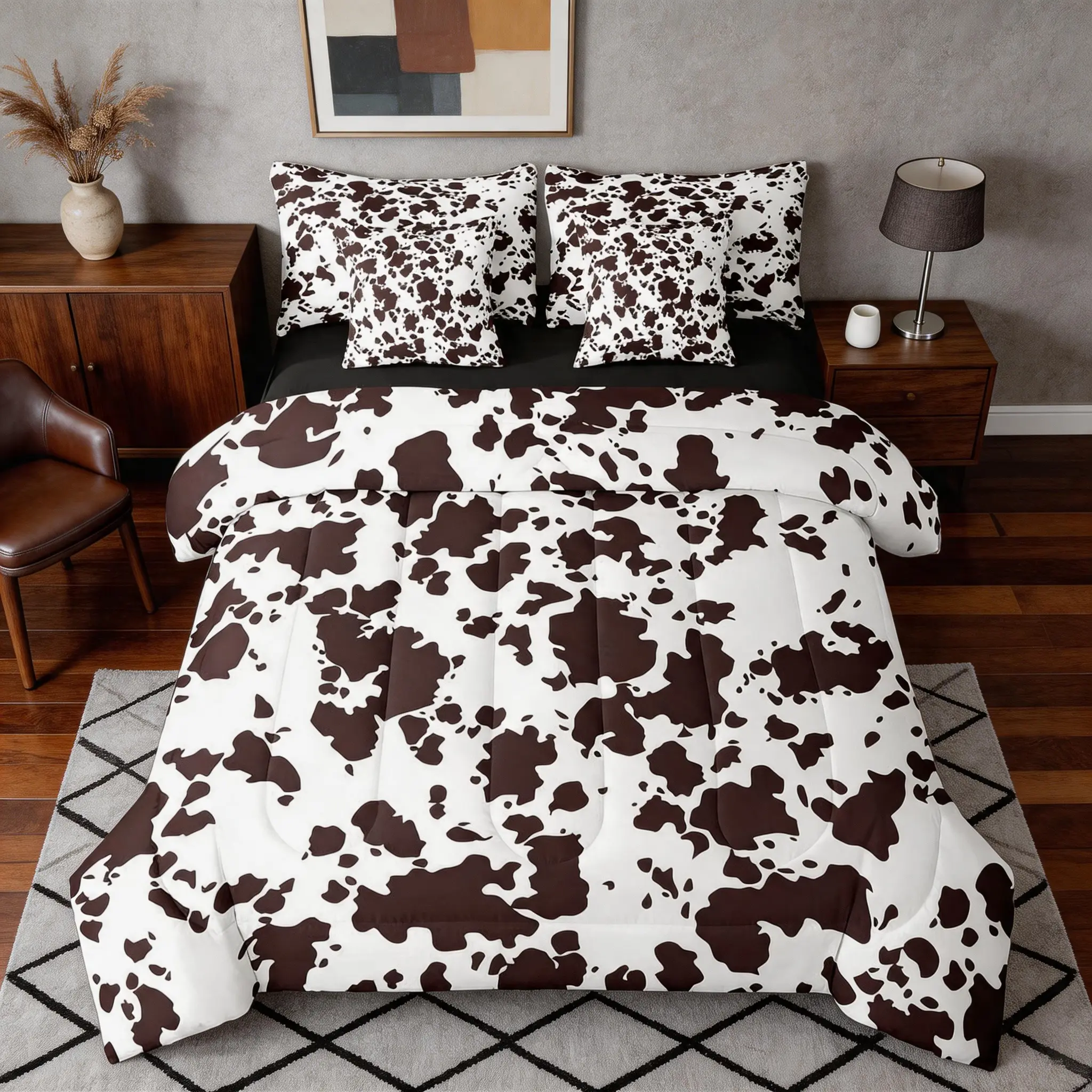 Feelyou 7-Piece Queen Bedding Set - Animal Theme Highland Milk Cow Microfiber Bedding, Soft Cartoon Brown Cow Print Sheets, Western Cowhide Quilt (Bedding Sets Collection), Queen Bedding Sets