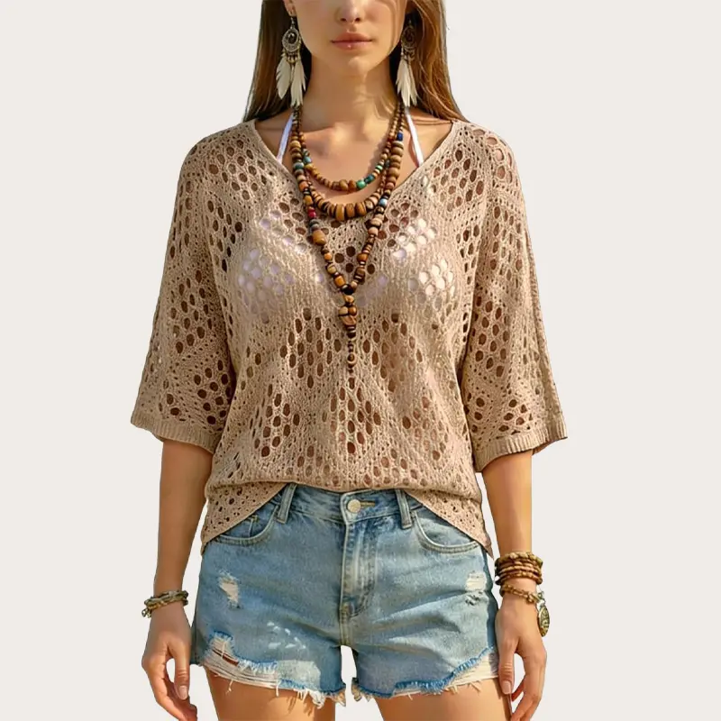 AIbart Boho Chic Women's V-Neck Crochet Top with Three-Quarter Sleeves and Unique Design, Perfect for Casual Wear